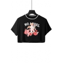 Popular Angel Baby Letter Printed Round Neck Black Casual Crop Tee