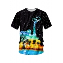 Hot Popular Black Starry Dropped Coconut Palm Print Round Neck Short Sleeve Tee