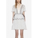 Summer Womens Fashion V Neck High Waist Ruffle Sleeve Polka Dot Printed Lace Patch Layer Hem Mini A-Line Dress