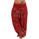 New Arrival Fancy Tie Waist Button Side Floral Printed Loose Bloomer Pants