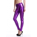 Metallic Color Elastic Waist Fitted Legging Pants for Night Club Show