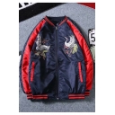 Mens Chinese Style Crane Embroidery Rib Stand Collar Zip Up Navy Baseball Jacket