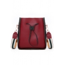 Women's Fashion Colorblock Stripe Strap PU Leather Drawstring Bucket Bag 25*9*28 CM