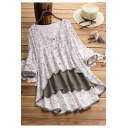 Womens Summer Fashion Floral Printed Button Down V-Neck Patched Fake Two-Piece Longline Blouse Top