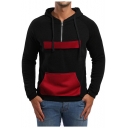 Mens Simple Color Block Long Sleeve Half-Zip Sport Regular Fit Drawstring Hoodie