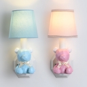 Resin Bow Bear Wall Lamp with Fabric Shade 1 Light Cute Wall Light in Blue/Pink for Kindergarten