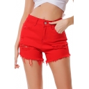 Womens Trendy Red Distressed Ripped Raw Hem Denim Shorts