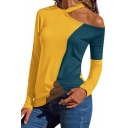 Womens New Stylish Color Block Cold Shoulder Long Sleeve Casual Loose T-Shirt