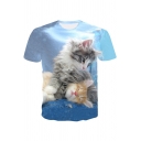 Lovely Cat 3D Printed Basic Round Neck Short Sleeve Light Blue T-Shirt