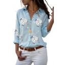 Summer Womens Chic Floral Printed Long Sleeve Casual Button Down Shirt