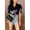 Girls Summer Vintage Crane Printed Notched Lapel Collar Short Sleeve Button Down Shirt