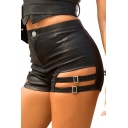 Womens Summer Sexy Buckled Cutout Night Club Black Skinny Fake Leather Shorts