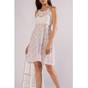Chic Lace Crochet Patched Allover Flamingo Print Open Back Mini A-Line Slip Dress