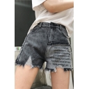 Girls Summer High Rise Letter Patched Ripped Raw Hem Grey Denim Shorts