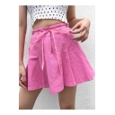 Summer Sweet Girls Fashion Pink Self-Tie Front Mini A-Line Pleated Skirt