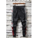 Men's New Stylish Letter Printed Tape Patched Side Drawstring Waist Black Jeans