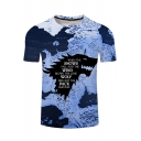 Fashion Blue Map Wolf Head Pattern Basic Short Sleeve Fitted T-Shirt