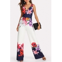 Hot Fashion Casual Loose Floral V-Neck Sleeveless Zip-Back Wide leg Leisure Jumpsuits