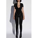 Womens Stylish New Arrival Black High Neck Zip Front Short Sleeve Contrast Trim Stretch Fitted Jumpsuits for sports
