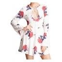Summer Hot Fashion Cutout Tie-Front White Flare Sleeves Floral Print Mini A-Line Dress