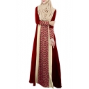 Womens Hot Fashion Long Sleeve Ethnic Style Lace Patch Maxi A-Line Floor Length Muslim Robe Dress