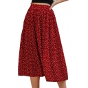 Hot Fashion Womens Red Heart Print High Elastic Waist Loose Pleated Midi Flare Skirt