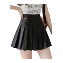 Summer Hot Fashion Sweet Plain High Waist O-Rings Embellished Pleated A-Line Mini Skirt