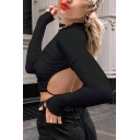 Summer Hot Trendy Plain Round Neck Long Sleeve Cutout Tie-Back Sexy Cropped Tee