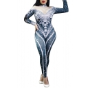 Womens New Arrival Hot Popular Long Sleeve Beading Printed Stretch Skinny Fitted Jumpsuits