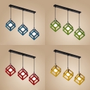Metal Cube Shade Hanging Lamp 3 Heads Antique Stylish Pendant Light in Blue/Green/Red/Yellow for Balcony