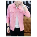 Guys Simple Plain Fashion Distressed Ripped Button Down Short Slim Denim Jacket