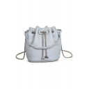 Stylish Solid Color PU Leather Braid Strap Chain Drawstring Bucket Bag for Women 16.5*17*12 CM