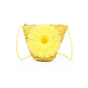 Summer Fashion Flower Embellishment Straw Beach Bag Crossbody Bucket Bag 17*14*6 CM