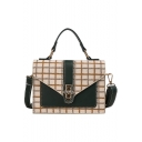 Trendy Plaid Pattern Rhinestone Embellishment Metal Buckle Crossbody Satchel Handbag 20*15*8 CM