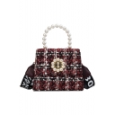 Chic Plaid Pattern Pearl Embellishment Letter Wide Strap Satchel Shoulder Handbag 20*16*9 CM