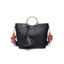 ew Fashion Plain Tassel Embellishment Colorful Wide Strap Ring Handle Satchel Tote Handbag 24*10*23 CM