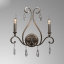 Aged Steel Candle Wall Light with Teardrop Crystal 2 Heads Traditional Metal Sconce Light for Restaurant