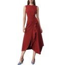 Summer Womens Boutique Fashion Round Neck Sleeveless Maxi Plain A-Line Asymmetrical Dress