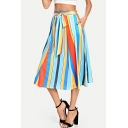 Womens Summer Fancy Colorful Vertical Striped Printed Tied Waist Midi Chiffon A-Line Skirt