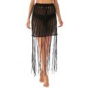 Womens Sexy Hollow Out Knit Drawstring Waist Tassel Hem Black Beach Skirt