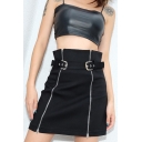 Cool Girls Fashion Double Zipper-Fly Belted Waist Black Mini Bodycon Skirt