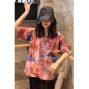 Girls Summer Vintage Painting Print Short Sleeve Relaxed Casual Button Shirt