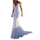 Womens Sexy Plunge V-Neck Sleeveless Open Back Maxi Floor Length Fishtail White Lace Dress Evening Dress