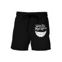 Guys Popular Fashion Letter WE'RE ALL MAD HERE Printed Drawstring Waist Black Casual Sweat Shorts