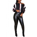 Womens Fashion Oblique Shoulder Simple Striped Long Sleeve Black Sweatshirt