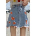 Summer Hot Fashion High Waist Colorblock Ripped Asymmetric Fringe Hem Mini A-Line Denim Skirt