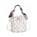 Women's Fashion Solid Color Diamond Check Quilted Rhinestone Embellishment Silk Scarf Handle Bucket Bag 18*15*21 CM