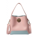 Women's Fashion Color Block PU Leather Metal Buckle Bucket Handbag 19*18*11 CM