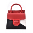 Stylish Color Block Belt Buckle Top Handle PU Leather Satchel Handbag 18*18*8 CM