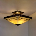 3 Lights Craftsman Semi Flush Ceiling Light Antique Style Art Glass Ceiling Fixture in Beige for Kitchen